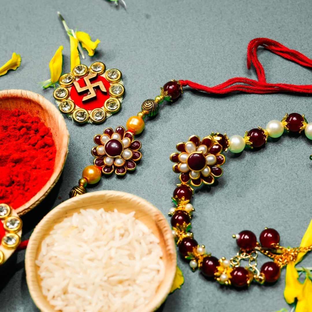 Red Golden Rakhi and Bracelet - All in one Hamper