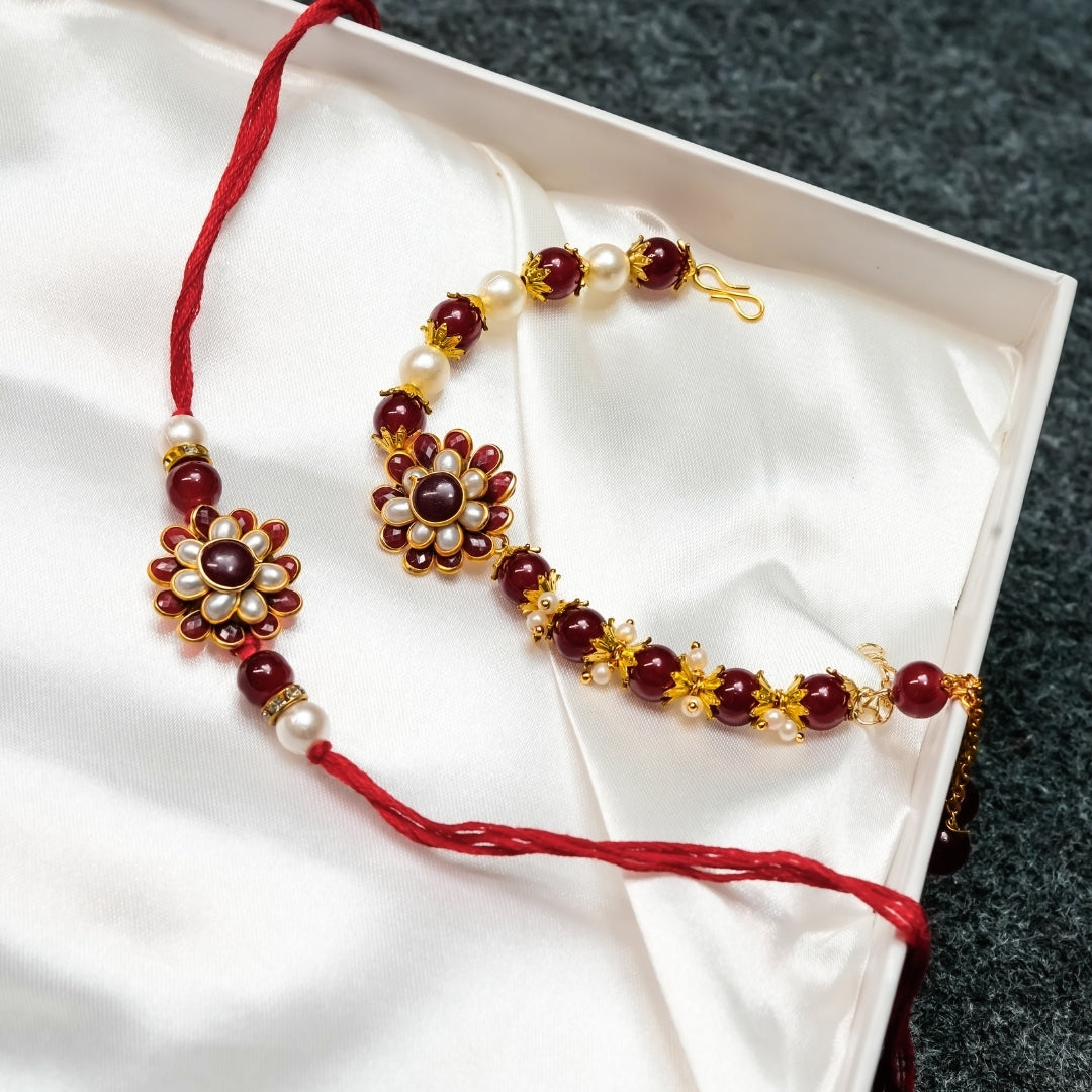 Red Golden Rakhi and Bracelet - All in one Hamper