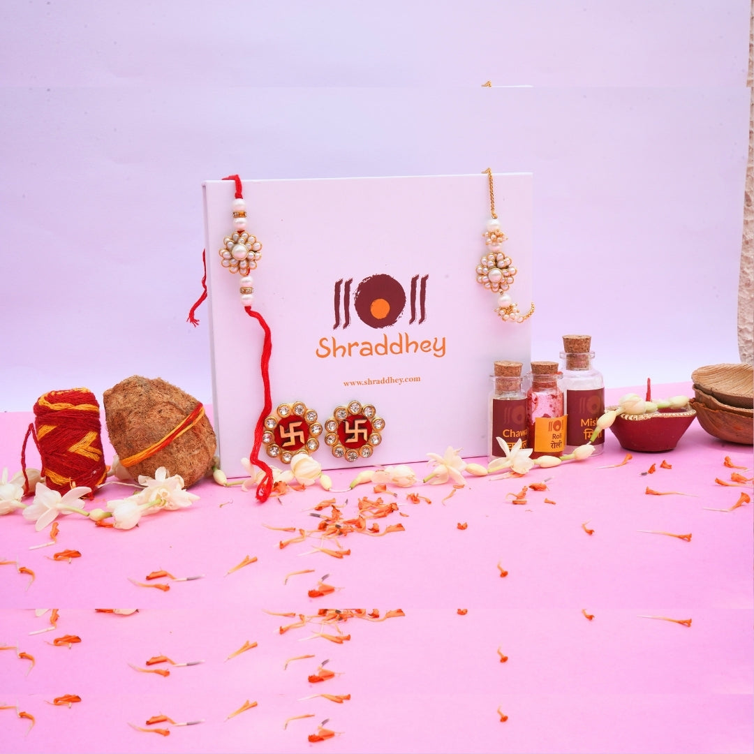 White Flower Rakhi with Bracelet - All in one Hamper