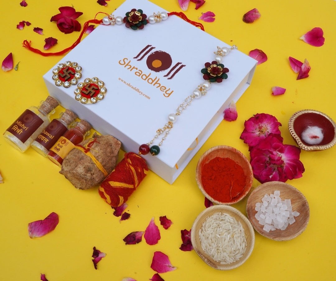 Red Green Rakhi and Bracelet - All in one Hamper