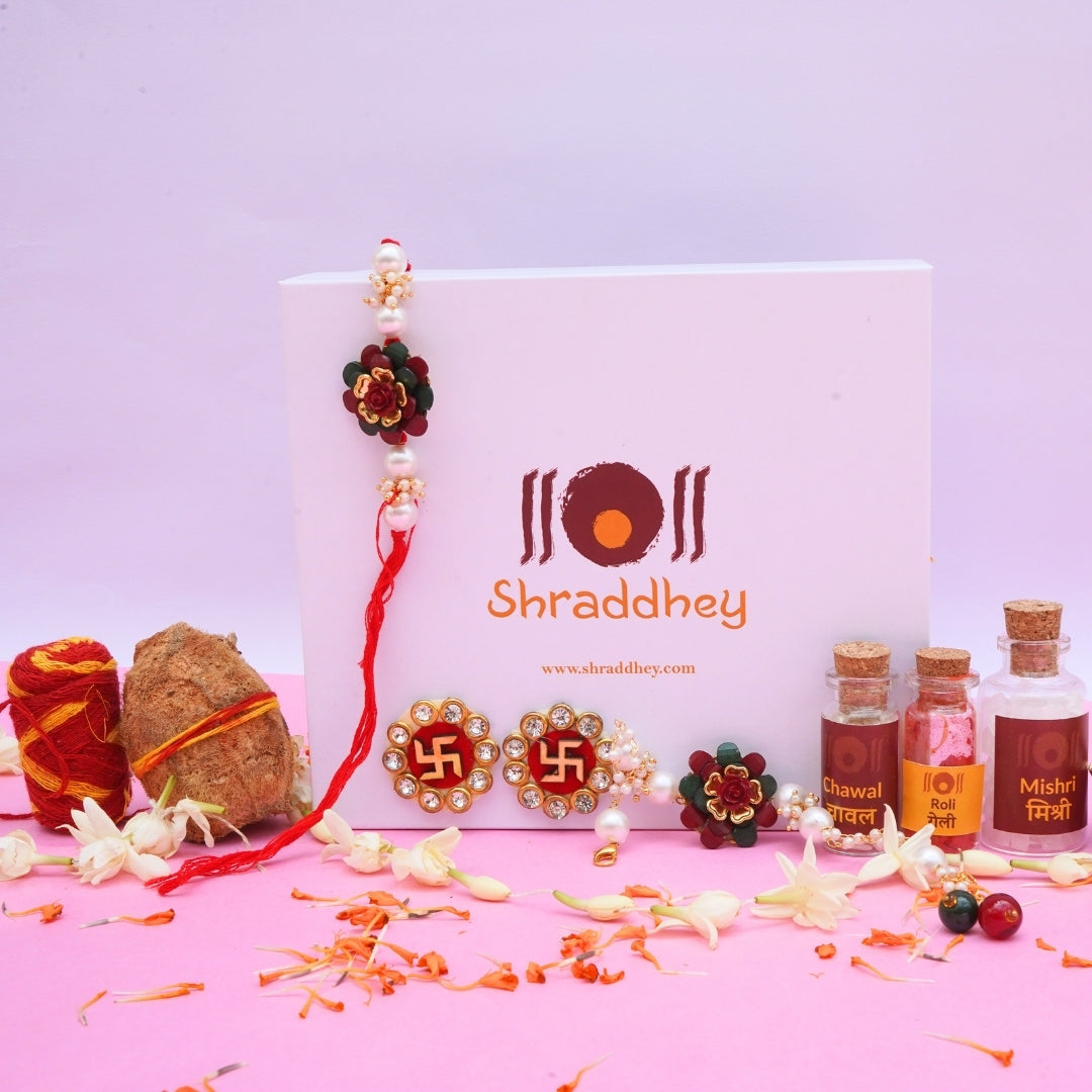 Red Green Rakhi and Bracelet - All in one Hamper