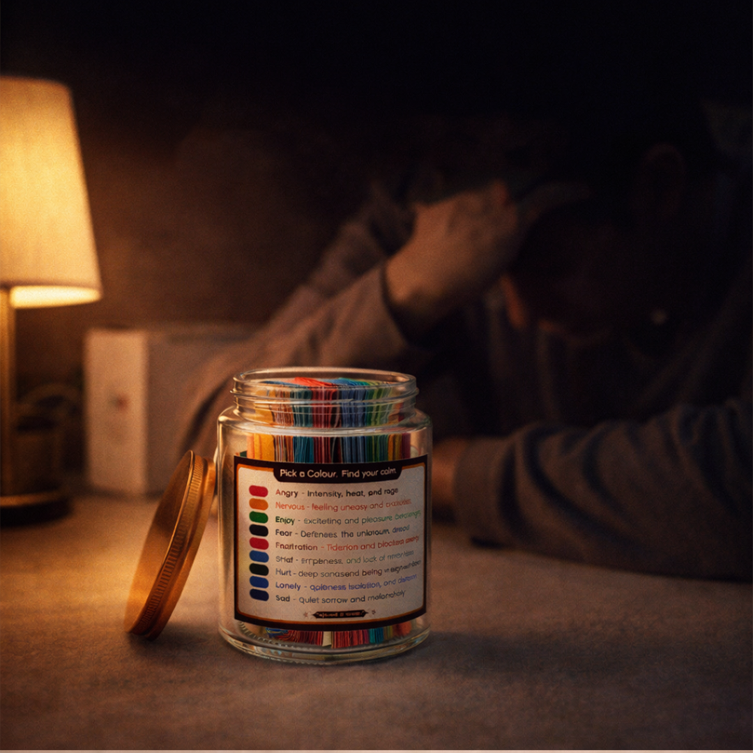 Colorful emotion cards in glass jar for mindfulness and calm, with cozy lamplight ambiance