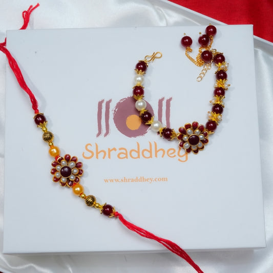 Red Golden Rakhi and Bracelet - All in one Hamper