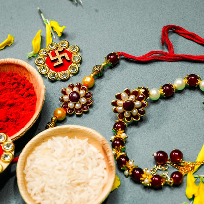 Red Golden Rakhi and Bracelet - All in one Hamper