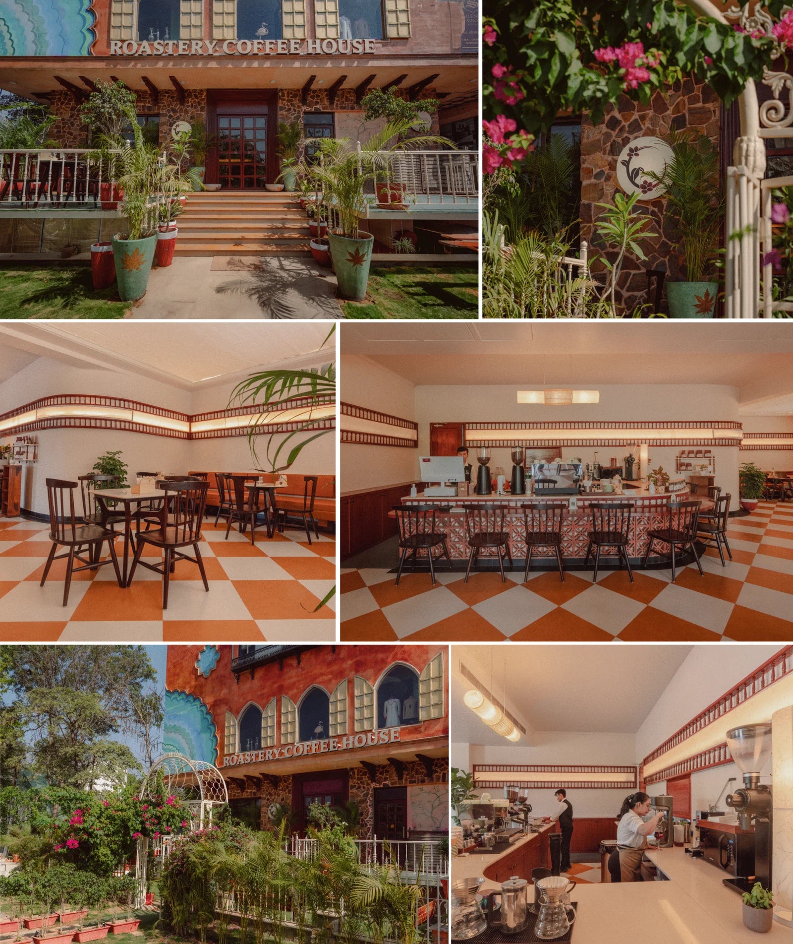 Roastery Coffee House, Vaishali Nagar — stone entrance, garden, terracotta interiors and coffee bar