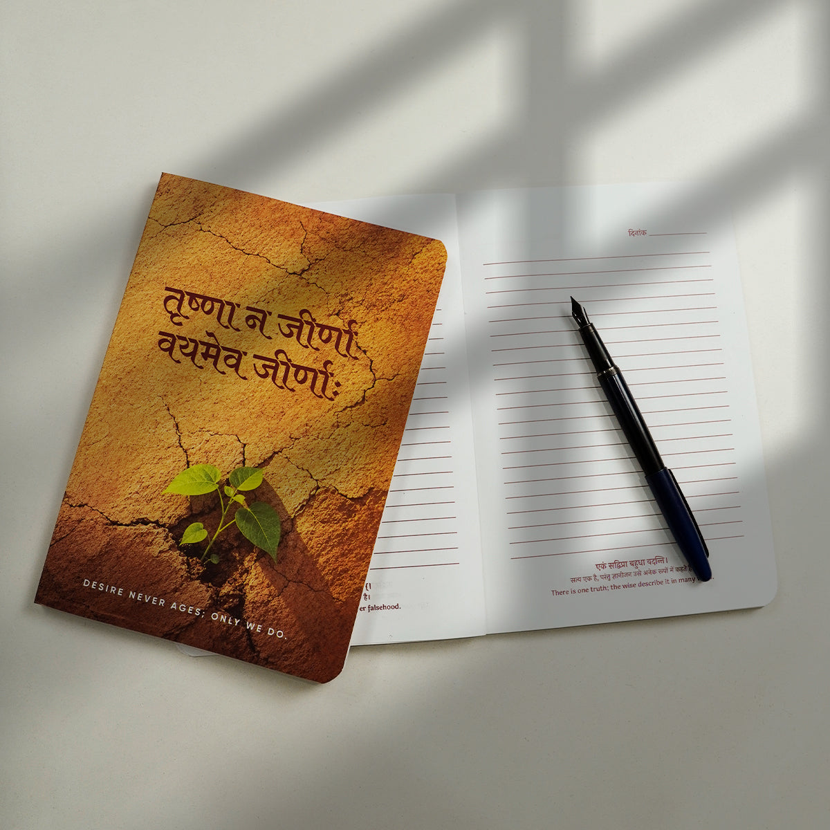 Prishthika Desire notebook open to a lined page with a shloka and its Hindi and English meaning