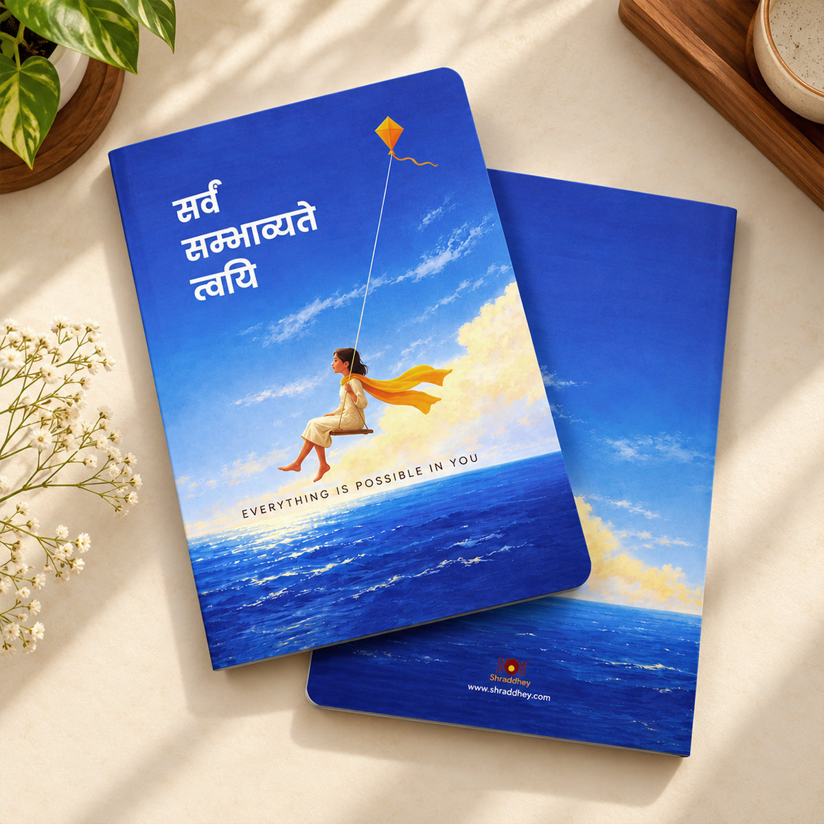 Prishthika Possible notebook, blue sky cover with a girl on a swing, front and back