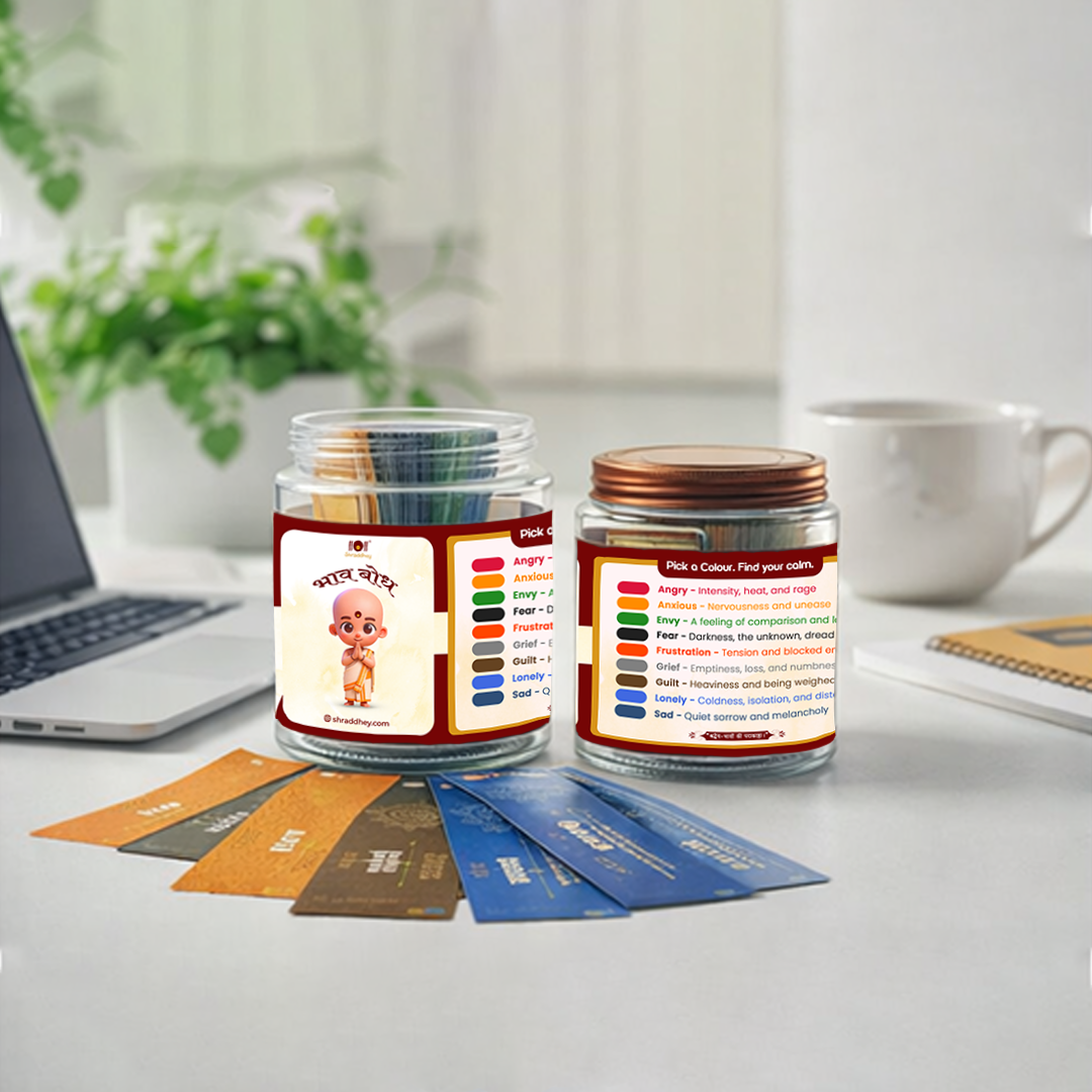 Emotional wellness cards in glass jars with color-coded feelings guide for mindfulness and calm