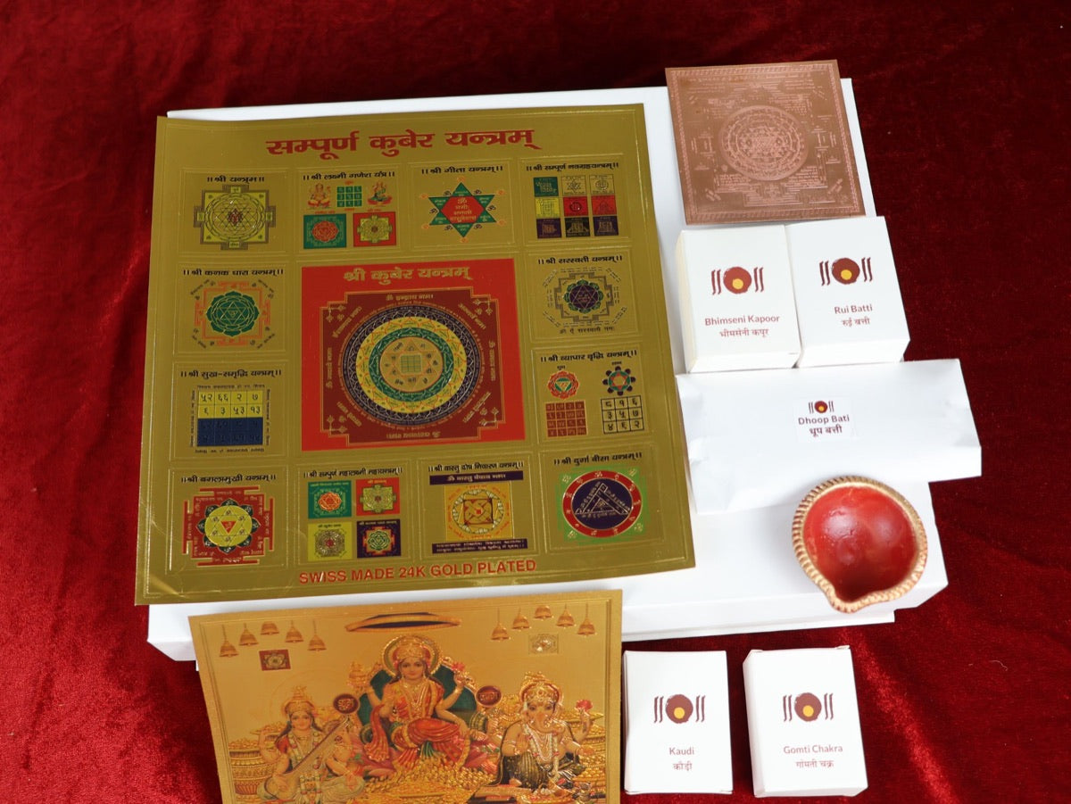 Aradhana items from the box: gold-plated Kuber Yantra, copper Shree Yantra, Laxmi Panna, clay deepak, and Kapoor, Rui Batti, Dhoop Batti, Kaudi and Gomati Chakr packs