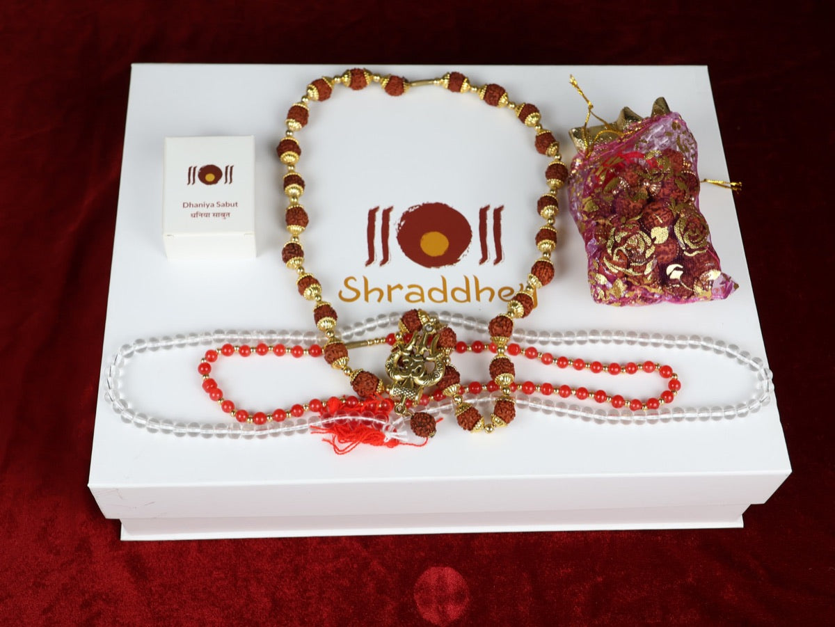 Ashirvad items from the box: Rudraksh Mala, Lal Mala, Crystal Mala, Potali pouch and Dhaniya Saboot